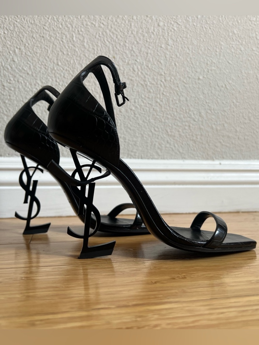 Saint Laurent Black Opyum Iconic YSL Logo Heel Pump Sandals Black
